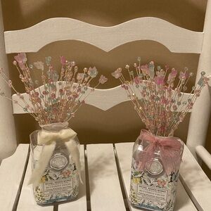 HANDMADE 2PC SET BUTTERFLY BOUQUET ARRANGEMENTS PINK BLUE SILVER with VASES NEW